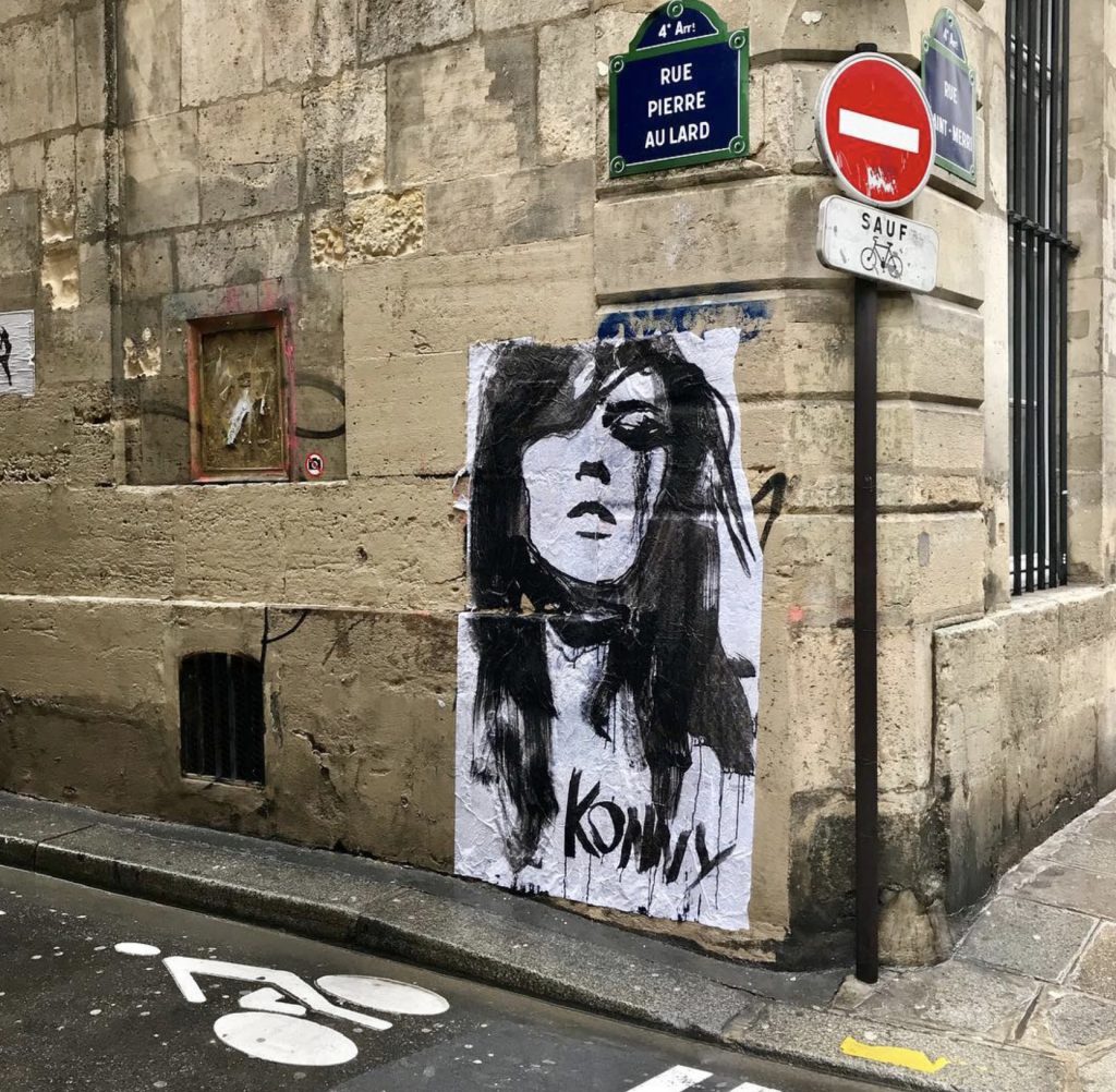 Stencil on wall by Kenny Steding. Rue Pierre Au Lard, Le Marias, Paris