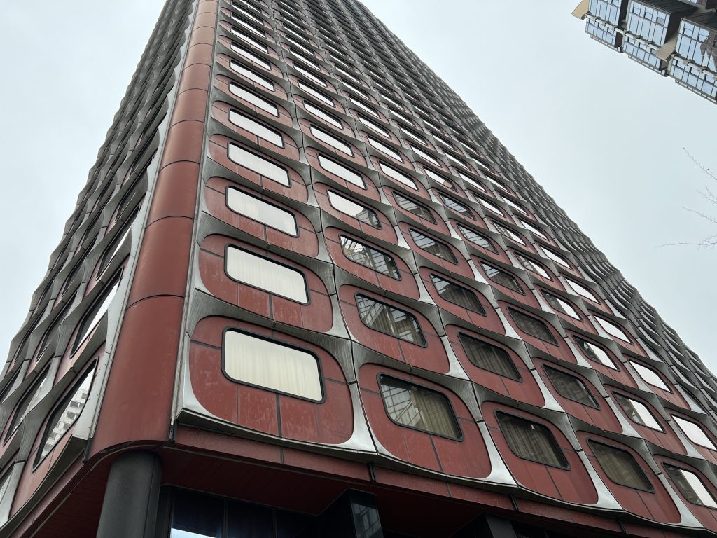 Facade of the former Hotel Nikko, now Novotel, a 98-meter-tall modernist tower completed in 1972 at Front de Seine.